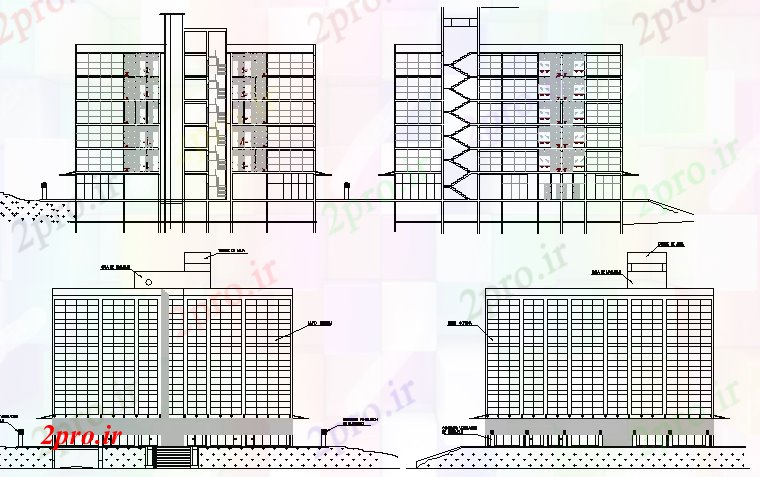 دانلود نقشه ساختمان اداری - تجاری - صنعتی نما مفصل و  مقطعی از دفتر چند کفپوش ساخت (کد68022)