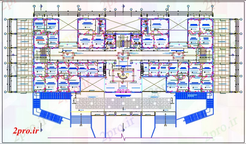 دانلود نقشه ساختمان اداری - تجاری - صنعتی معماری خط مرکز طرحی جزئیات از دروازه و جزئیات پله اصلی مقابل 42 در 102 متر (کد68027)