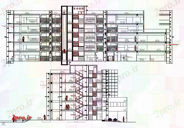 دانلود نقشه ساختمان اداری - تجاری - صنعتی چند طبقه مقابل دفتر شهری و نمای جانبی مقطعی (کد68029)