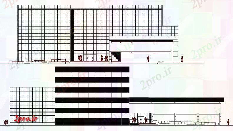 دانلود نقشه ساختمان اداری - تجاری - صنعتی چند طبقه ساختمان اداری جلو و نما تماس جزئیات  (کد68035)