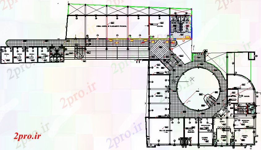 دانلود نقشه ساختمان اداری - تجاری - صنعتی نمای تفصیلی از طراحی طبقه دوم ساختمان مدیریت (کد68061)