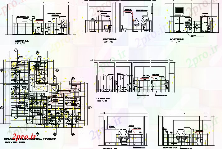 دانلود نقشه بلوک حمام و توالتتفصیلی شش حمام پروژه معماری جزئیات (کد68065)