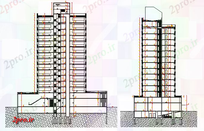 دانلود نقشه ساختمان اداری - تجاری - صنعتی جلو و نمای مقطعی طرف چند طبقه ساختمان تجاری 24 در 43 متر (کد68096)