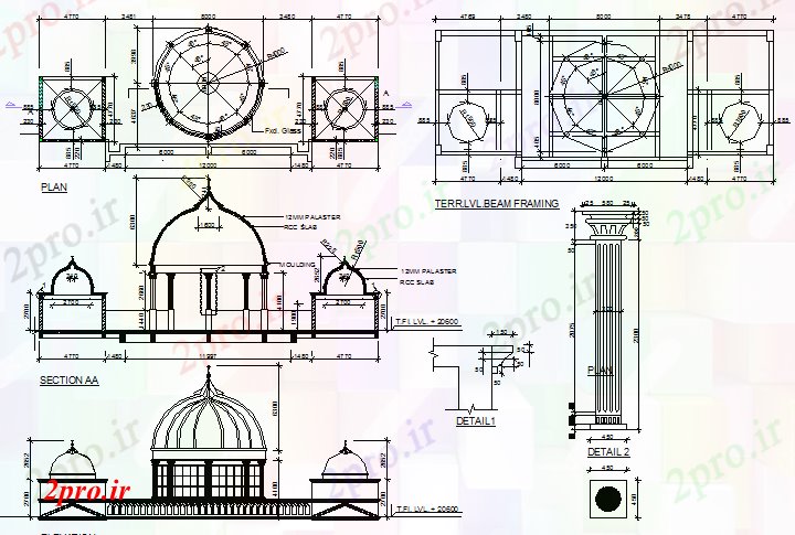 دانلود نقشه جزئیات معماری جزئیات ساخت و ساز گنبد با بخش و نما از طراحی مسجد (کد68136)