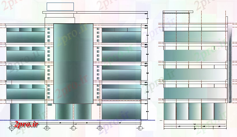 دانلود نقشه ساختمان اداری - تجاری - صنعتی نمای جلو و نما طرف چند طبقه دفتر مدیریت ساخت (کد68151)