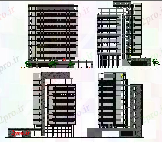 دانلود نقشه ساختمان اداری - تجاری - صنعتی چند طبقه ساختمان اداری تمام جزئیات نما طرفه 16 در 42 متر (کد68153)
