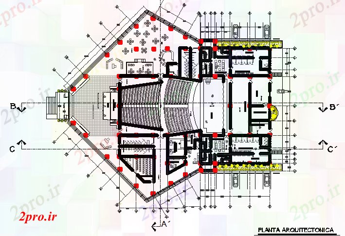 دانلود نقشه تئاتر چند منظوره - سینما - سالن کنفرانس - سالن همایشطرحی سالن بزرگ  (کد68189)