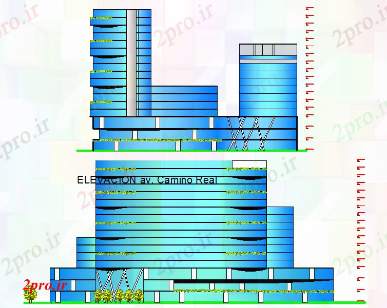 دانلود نقشه هتل - رستوران - اقامتگاه نما از یک هتل مدرن 93 در 151 متر (کد68190)