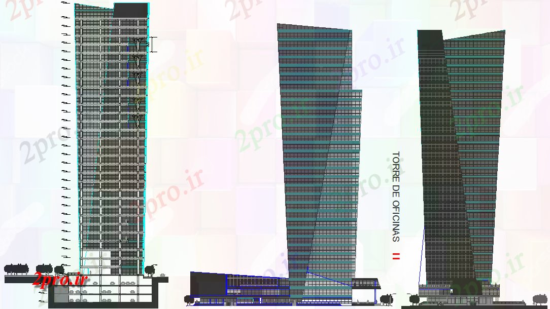 دانلود نقشه ساختمان اداری - تجاری - صنعتی برج اداری از 100meters نما 31 در 90 متر (کد68196)