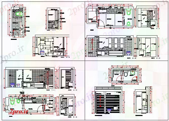 دانلود نقشه بلوک حمام و توالتجزئیات حمام از چند سطح پروژه مسکن (کد68225)