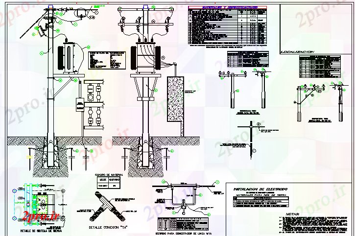 دانلود نقشه معماری نورپردازی قطب نصب ترانسفورماتور برق جزئیات (کد68231)