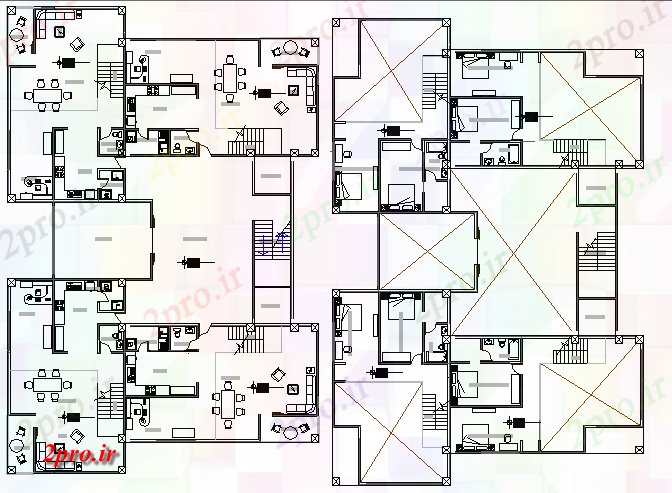 دانلود نقشه مسکونی ، ویلایی ، آپارتمان جزئیات طرحی طبقه از دو کفپوش خانه 36 در 52 متر (کد68285)