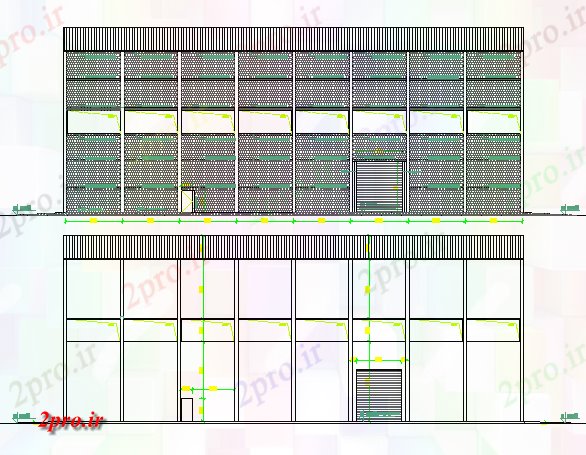 دانلود نقشه کارخانه صنعتی  ، کارگاه جلو کامل و نما پشت تولید خانه (کد68299)