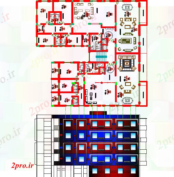 دانلود نقشه ساختمان اداری - تجاری - صنعتی وزارت ساخت و ساز نما و طراحی 29 در 29 متر (کد68313)