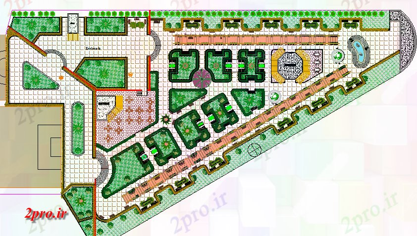 دانلود نقشه باغ شخصیمحوطه سازی جزئیات باغ با رشته های ورزشی 74 در 117 متر (کد68328)