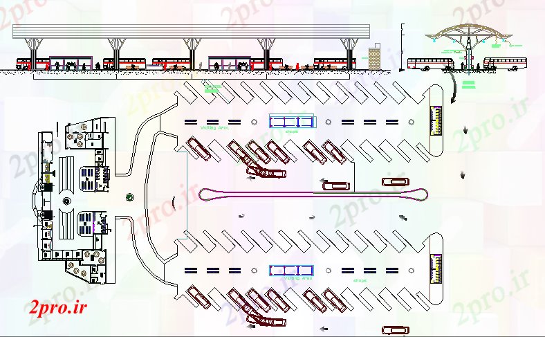 دانلود نقشه  ساختمان دولتی ، سازمانی نما و طبقه همکف جزئیات اتوبوس طراحی ترمینال (کد68346)