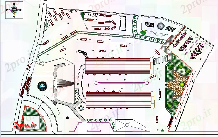 دانلود نقشه ساختمان دولتی ، سازمانی جزئیات طرحی سایت از ترمینال اتوبوس از شهرستان 27 در 67 متر (کد68347)