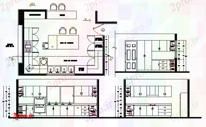 دانلود نقشه آشپزخانه جزئیات آشپزخانه با برش مقطعی    (کد68369)