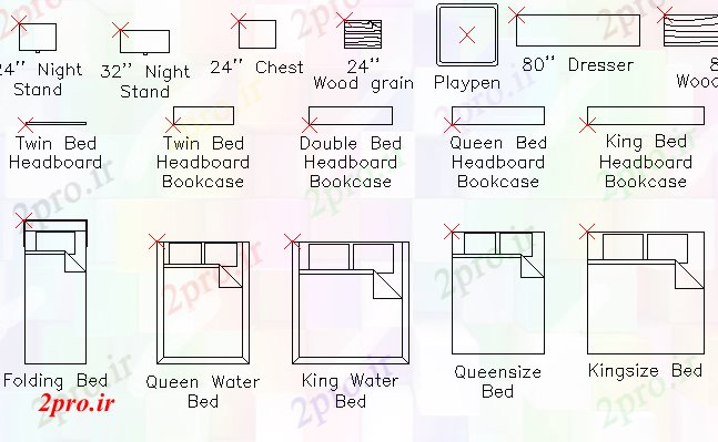 دانلود نقشه دو تخته  مشترک مبلمان اتاق خواب بلوک طراحی (کد68434)