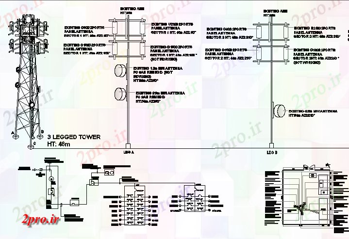 دانلود نقشه معماری سه نصب و راه اندازی برج پا با کابین جزئیات (کد68476)