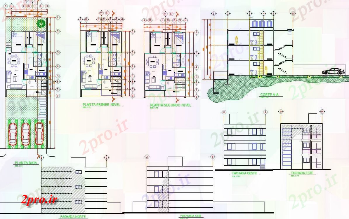 دانلود نقشه ساختمان مرتفعطرحی طبقه، نما و بخش ساخت 7 در 12 متر (کد68489)