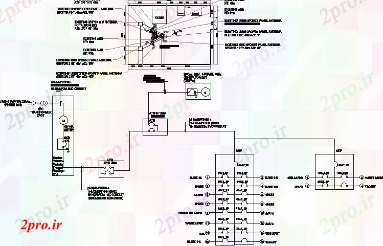 دانلود نقشه معماری کابین، پا جزئیات نصب و راه اندازی برق برج تلفنی (کد68491)