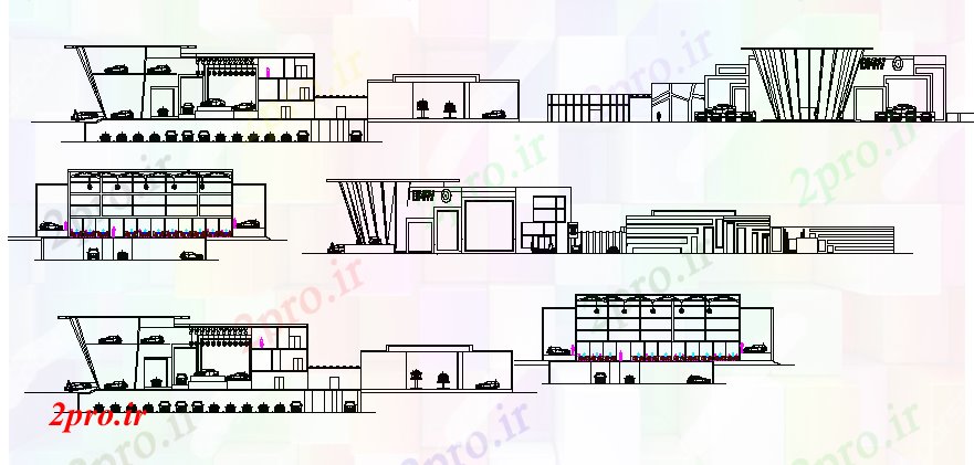 دانلود نقشه نمایشگاه ; فروشگاه - مرکز خرید BMW گاه تمام نما طرفه و طرحی مقطعی جزئیات 54 در 70 متر (کد68502)