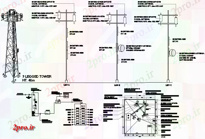 دانلود نقشه معماری نصب و راه اندازی برج با کابین، بانک باتری و نصب و راه اندازی پا (کد68509)