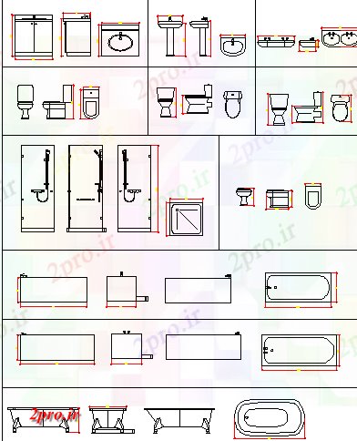 دانلود نقشه تجهیزات بهداشتی سینک، ورق توالت و وان حمام بلوک طراحی جزئیات  (کد68559)