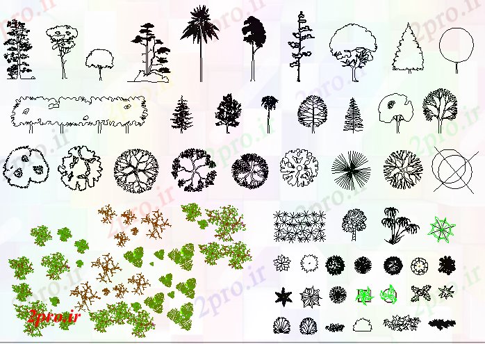 دانلود نقشه باغ درخت و گیاهان و نباتات بلوک متداول طراحی (کد68566)