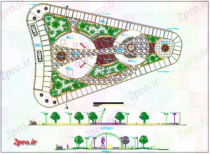 دانلود نقشه پارک - باغ عمومی نما پارک عمومی منطقه و جزئیات محوطه سازی 31 در 50 متر (کد68690)
