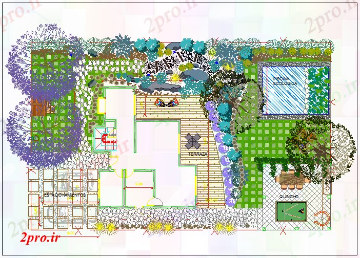 دانلود نقشه باغ شخصینمای تفصیلی محوطه سازی از باغ خانه خصوصی 9 در 10 متر (کد68721)