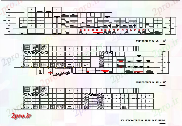 دانلود نقشه ساختمان مرتفعطراحی های بلند ساختمان نما و جزئیات مقطعی 34 در 81 متر (کد68723)