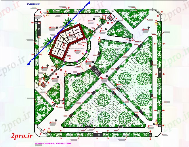 دانلود نقشه باغ محوطه سازی مرکز شهرستان باغ جزئیات 42 در 43 متر (کد68734)