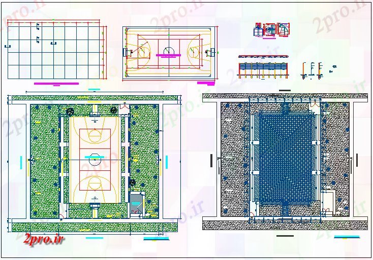 دانلود نقشه ورزشگاه ، سالن ورزش ، باشگاه ورزشی زمین با باغ و محوطه سازی جزئیات 22 در 31 متر (کد68738)