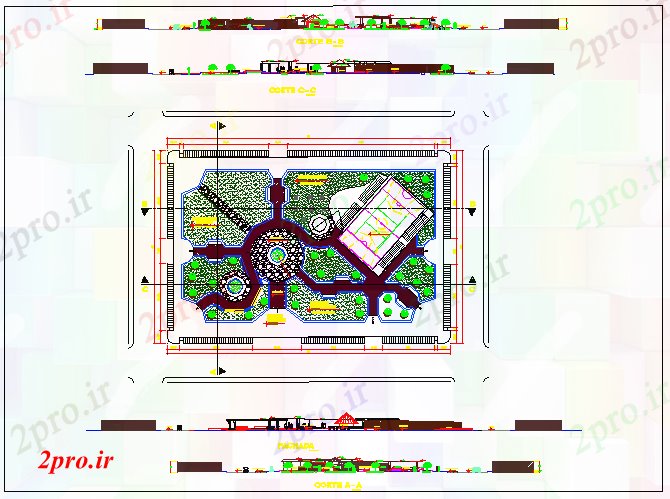 دانلود نقشه باغ همه نما طرفه و جزئیات محوطه سازی از باغ  عمومی (کد68741)