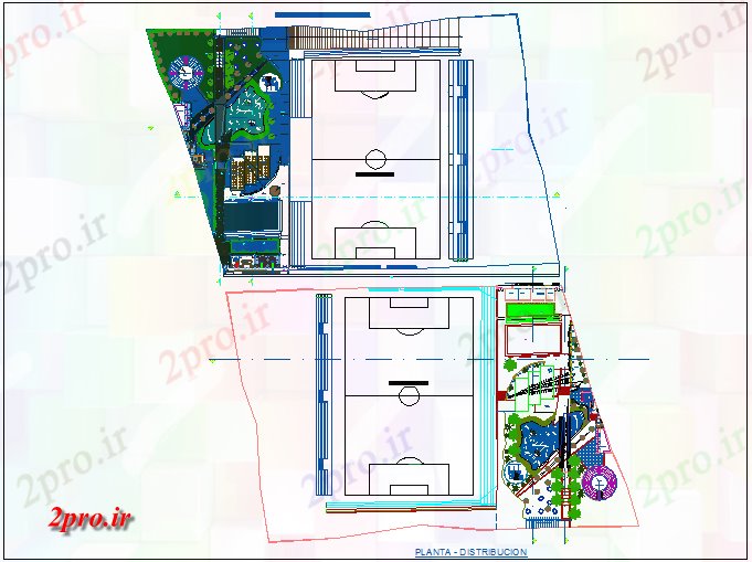 دانلود نقشه ورزشگاه ، سالن ورزش ، باشگاه تفریحی محوطه سازی پارک ورزش جزئیات 100 در 142 متر (کد68751)