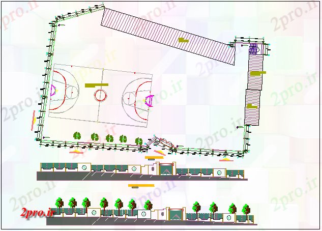 دانلود نقشه ورزشگاه ، سالن ورزش ، باشگاه نما دروازه اصلی با محوطه سازی از زمین های ورزشی با باغ 17 در 38 متر (کد68762)