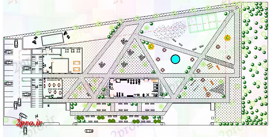 دانلود نقشه پارک - باغ عمومی جزئیات محوطه سازی جامعه شهرستان پارک عمومی 56 در 125 متر (کد68808)