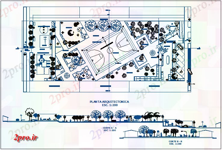 دانلود نقشه پارک - باغ عمومی زمین های ورزشی با محوطه سازی باغ جزئیات 37 در 95 متر (کد68971)