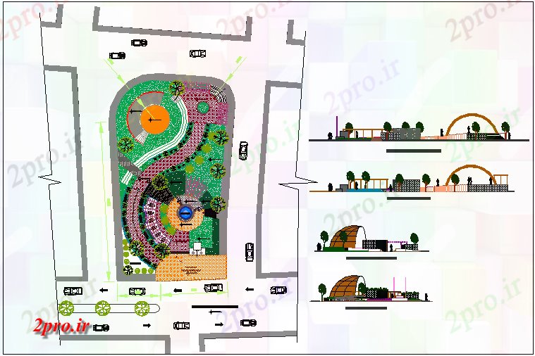 دانلود نقشه باغ پارک عمومی نما و محوطه سازی جزئیات 24 در 46 متر (کد69090)