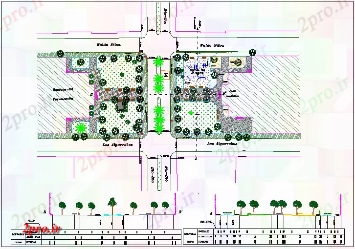 دانلود نقشه پارک - باغ عمومی محوطه سازی تم میدان پارک عمومی جزئیات 32 در 32 متر (کد69222)