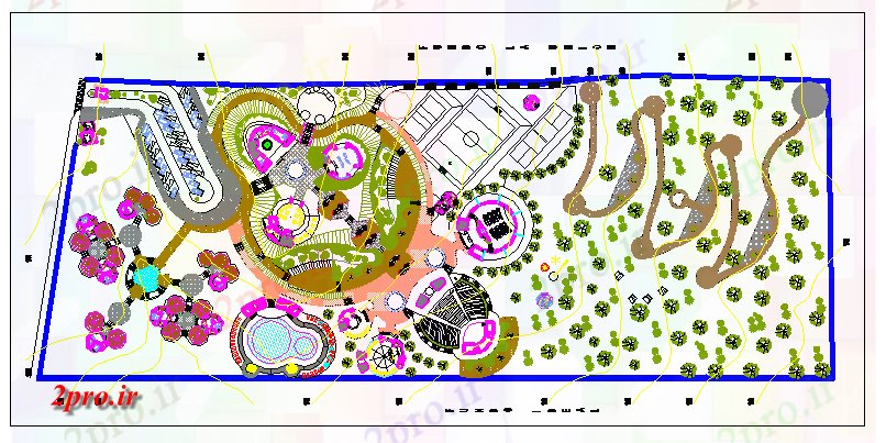 دانلود نقشه پارک - باغ عمومی محوطه سازی مرکز تفریحی پارک جزئیات 108 در 270 متر (کد69247)