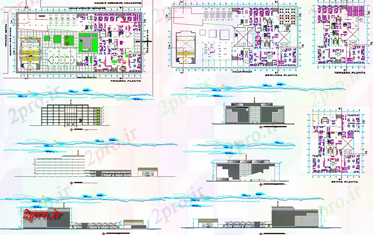 دانلود نقشه ساختمان دولتی ، سازمانی طرحی طبقه ساختمان دولتی، نما و بخش های 33 در 42 متر (کد69248)