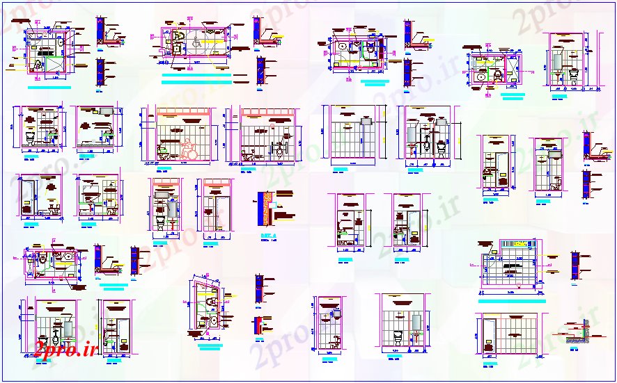 دانلود نقشه بلوک حمام و توالتطرحی حمام و بخش  برای  های مختلف طبقه  (کد69294)