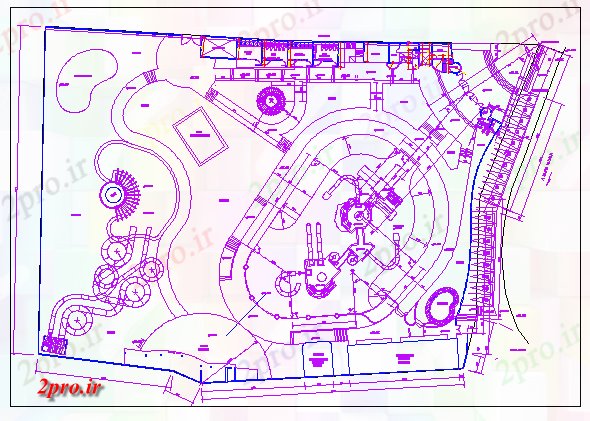 دانلود نقشه پارک - باغ عمومی محوطه سازی پارک آب با ساختار جزئیات 67 در 100 متر (کد69308)
