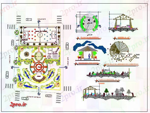 دانلود نقشه پارک - باغ عمومی بازسازی پارک با محوطه سازی جزئیات 29 در 45 متر (کد69386)