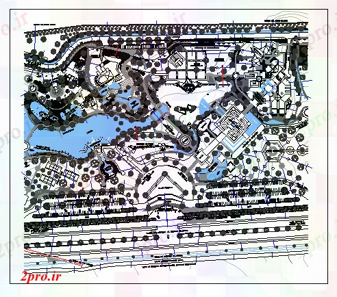 دانلود نقشه پارک - باغ عمومی سازگار با محیط زیست منطقی محوطه سازی باغ تم جزئیات 62 در 86 متر (کد69400)