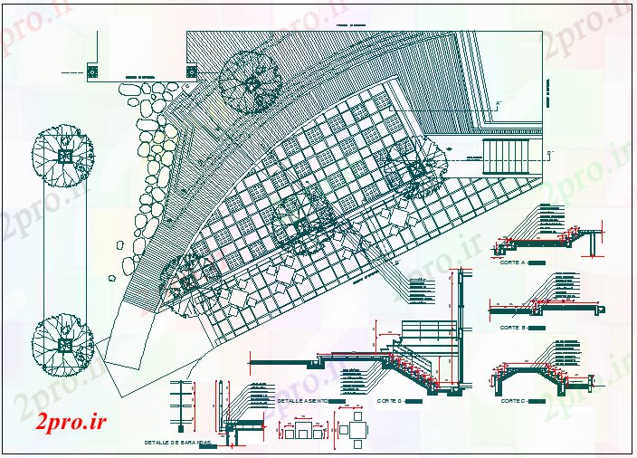 دانلود نقشه پارک - باغ    عمومی خشک مربع محوطه سازی باغ  با جزئیات تجهیزات  (کد69456)