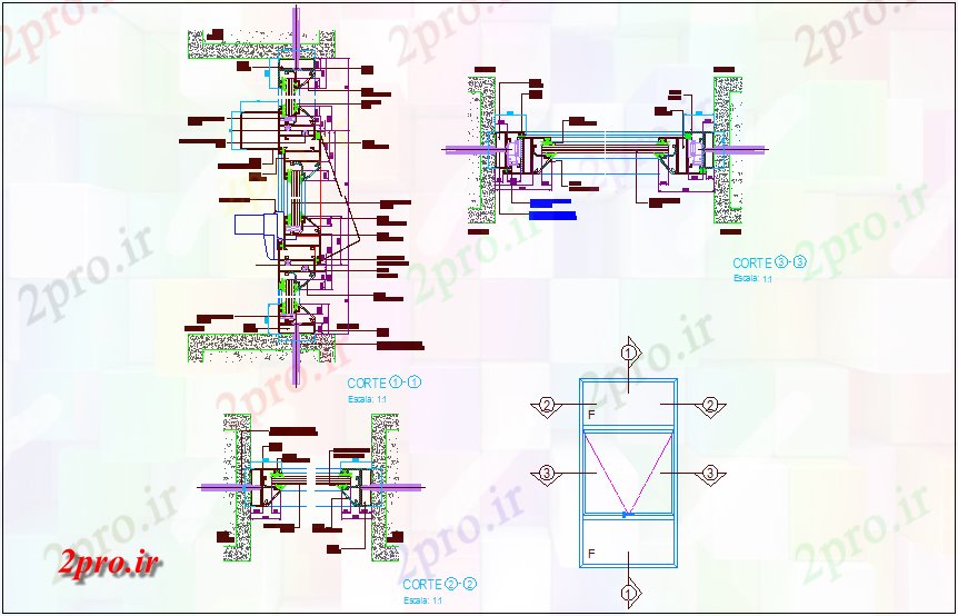 دانلود نقشه جزئیات طراحی در و پنجره   بخش پنجره با مشخصات داخلی بیرونی و (کد69495)